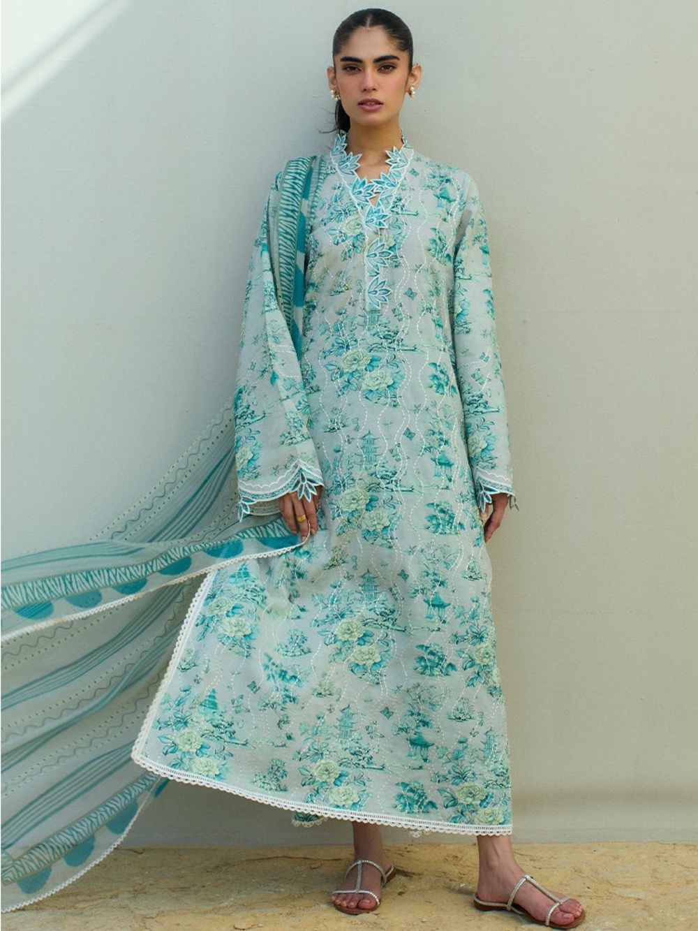 Elegant Seafoam Floral Embroidered Long Dress with Dupatta